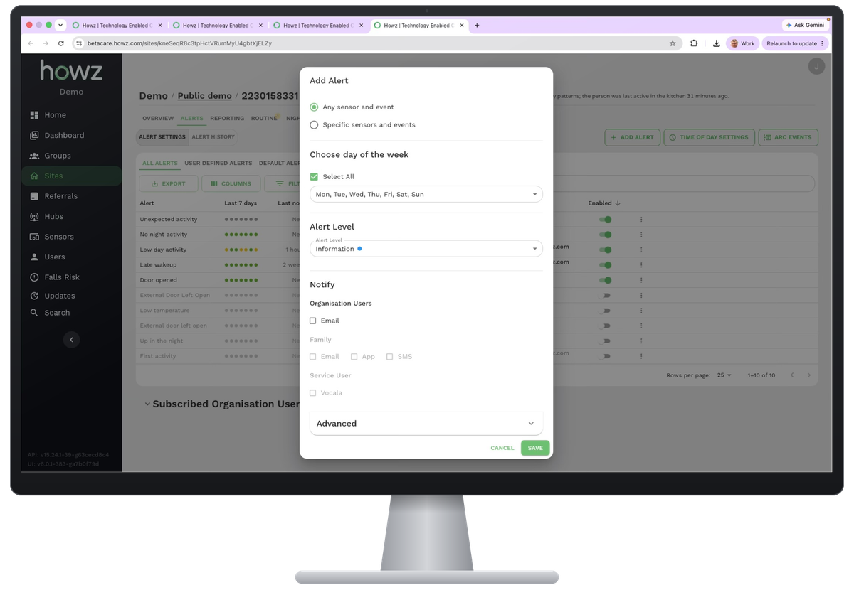 The Add Alert dialog in the Howz care portal, setting the days, alert level and who to notify