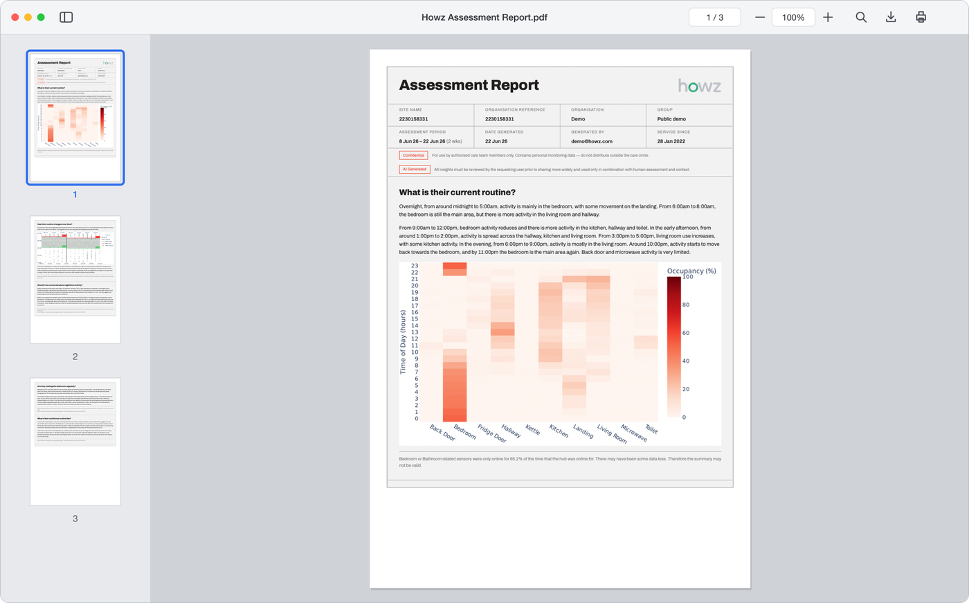 A sample Howz Assessment Report open in a PDF reader, showing page one with the routine heatmap and thumbnails of all three pages