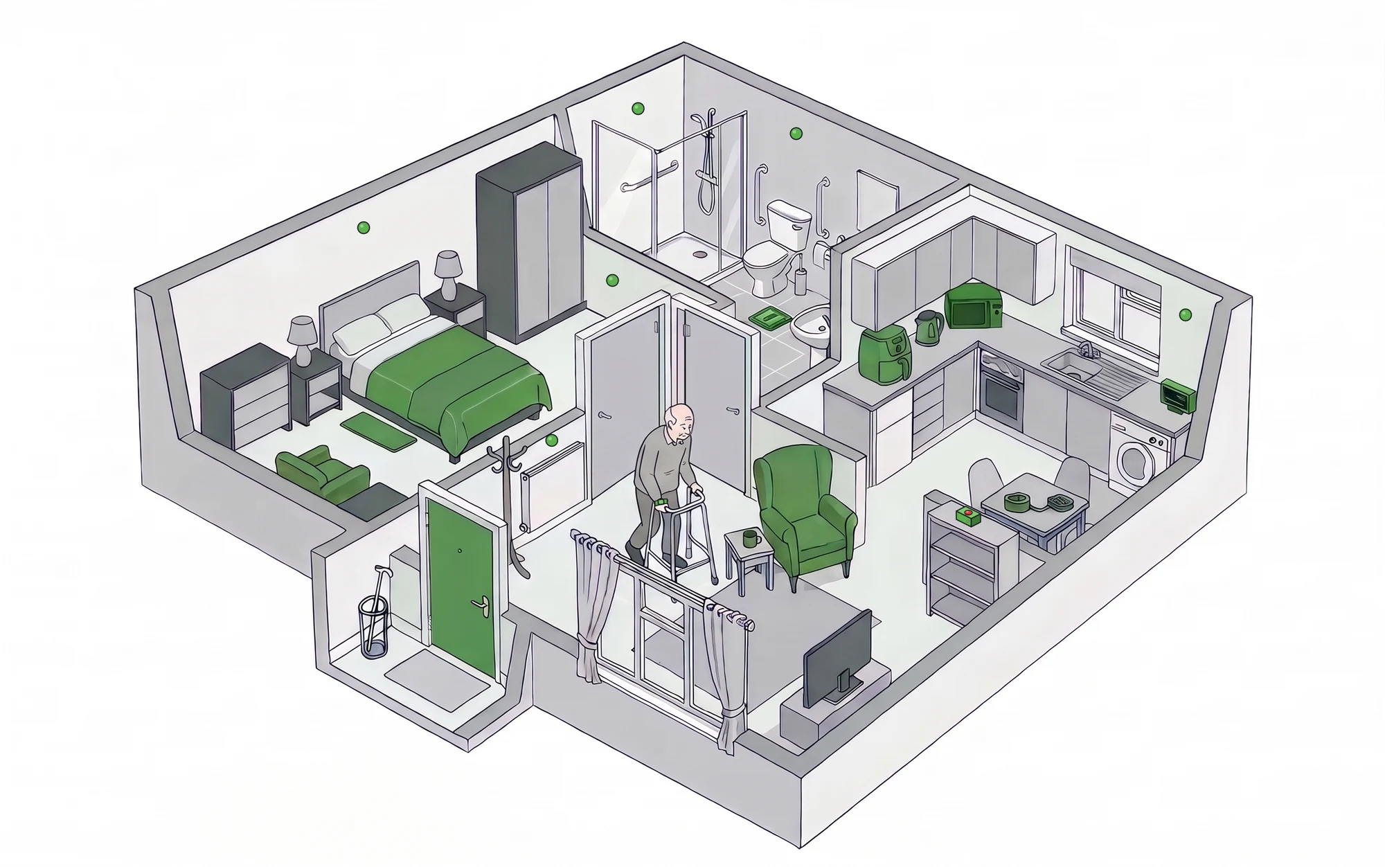 Isometric floorplan of a one-bedroom home with a bedroom, bathroom, kitchen and living area