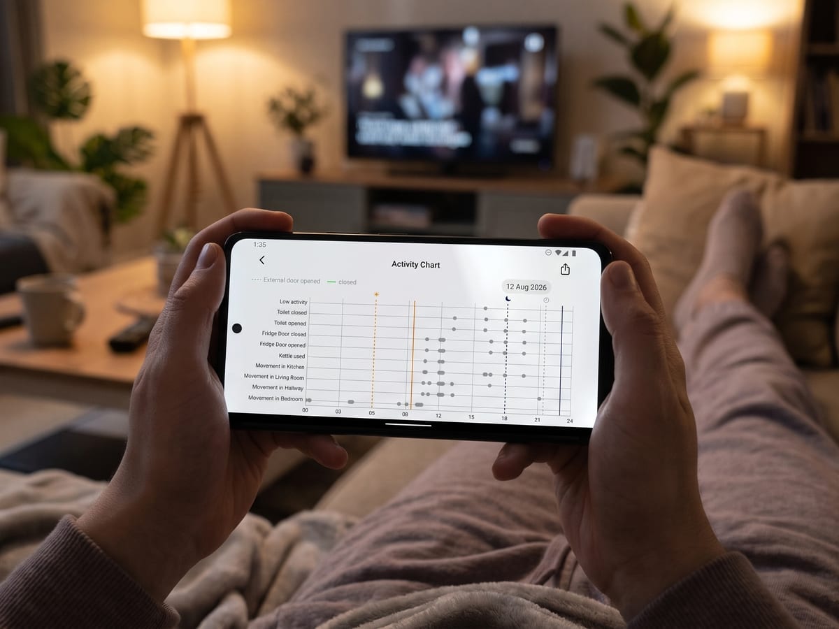 Someone on the sofa holding a phone sideways to view the Howz activity chart, which plots a day’s events by room and appliance