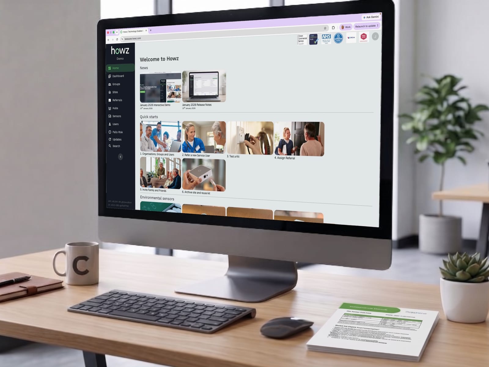 The Howz care portal home page on a desktop monitor, showing news, quick starts and the sidebar menu