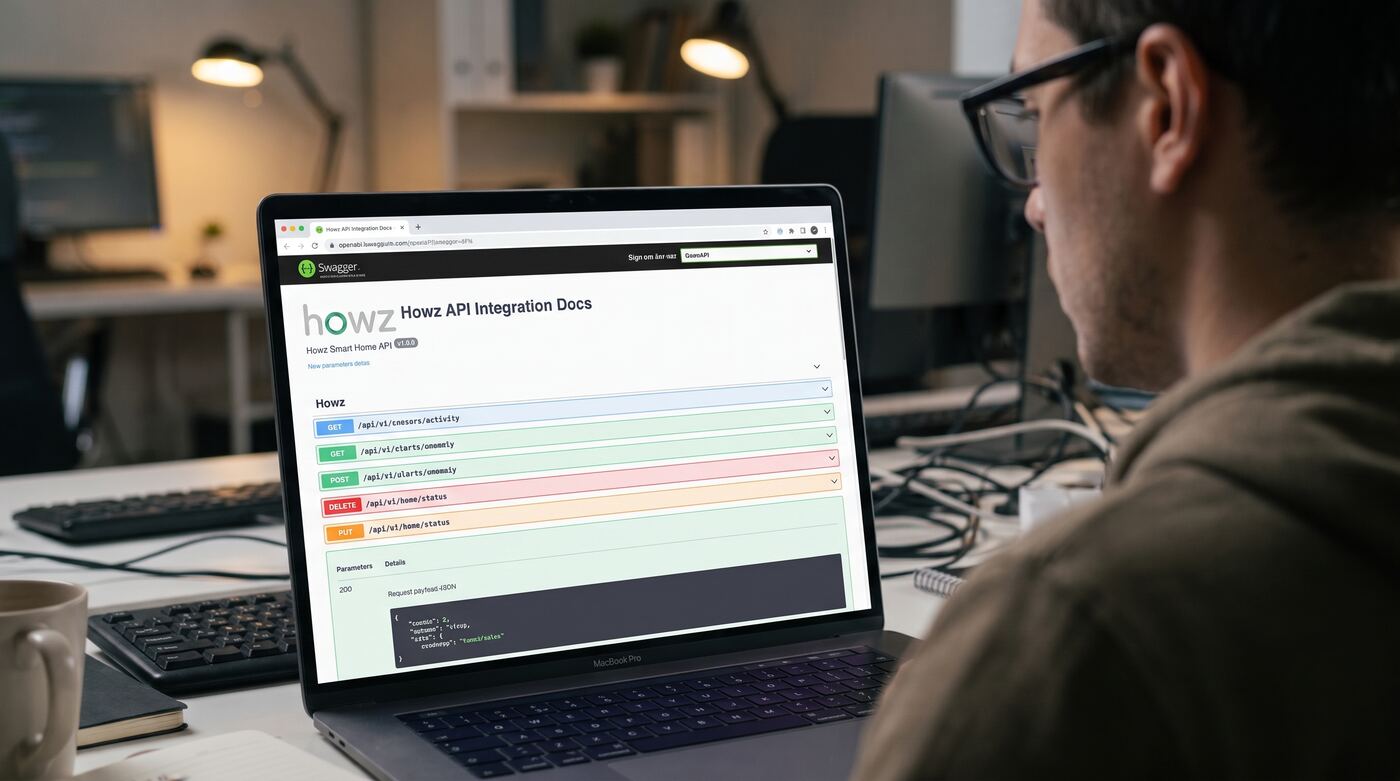 A developer reading the Howz API integration documentation on a laptop