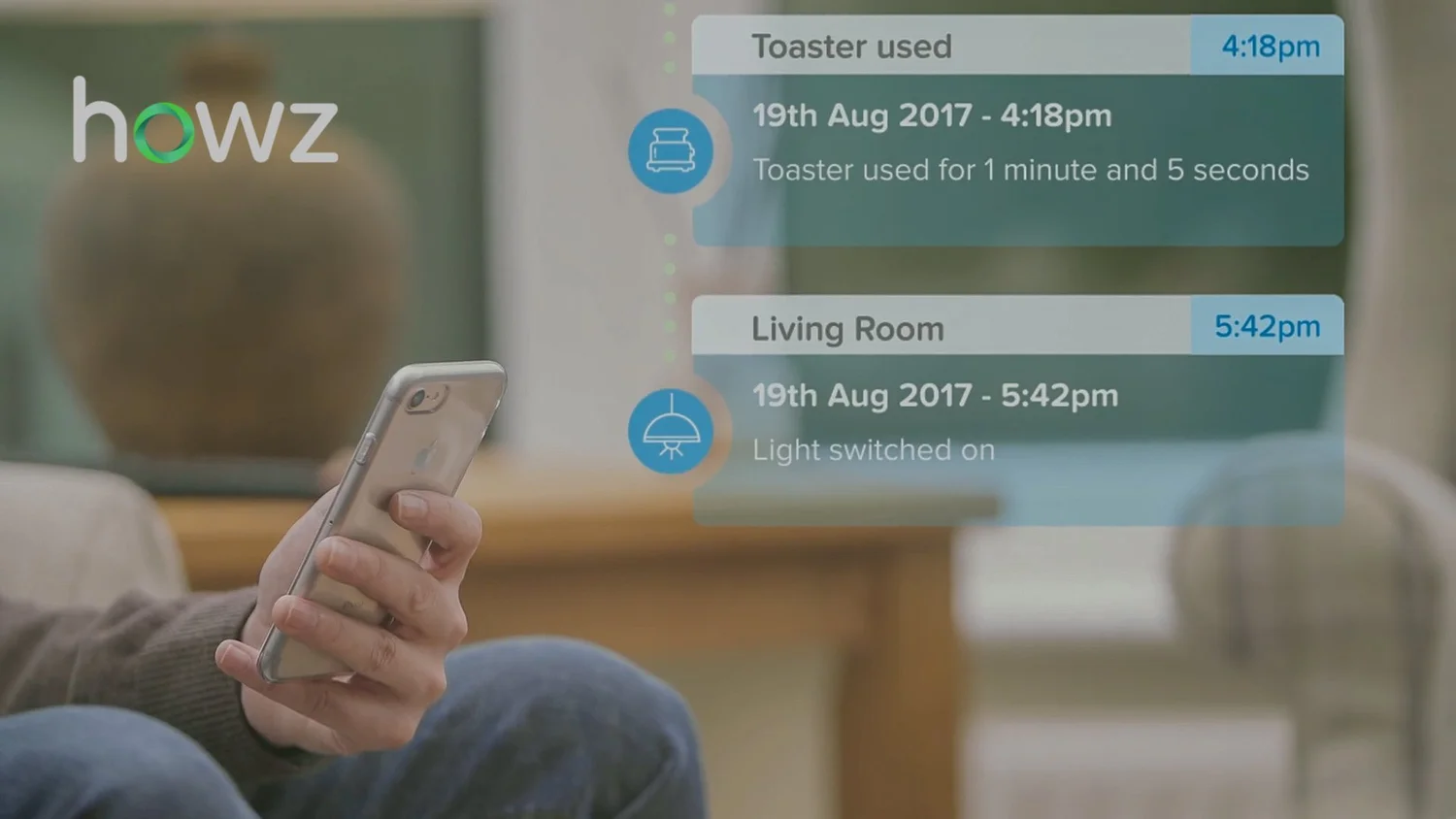 The Howz app showing notifications from sensors around the home